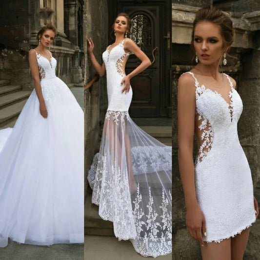 Modern Short Mermaid Wedding Dress with Detachable Train Three Piece 3 in 1 Lace Applique Sheer Neck Backless Bridal Gowns The Clothing Company Sydney