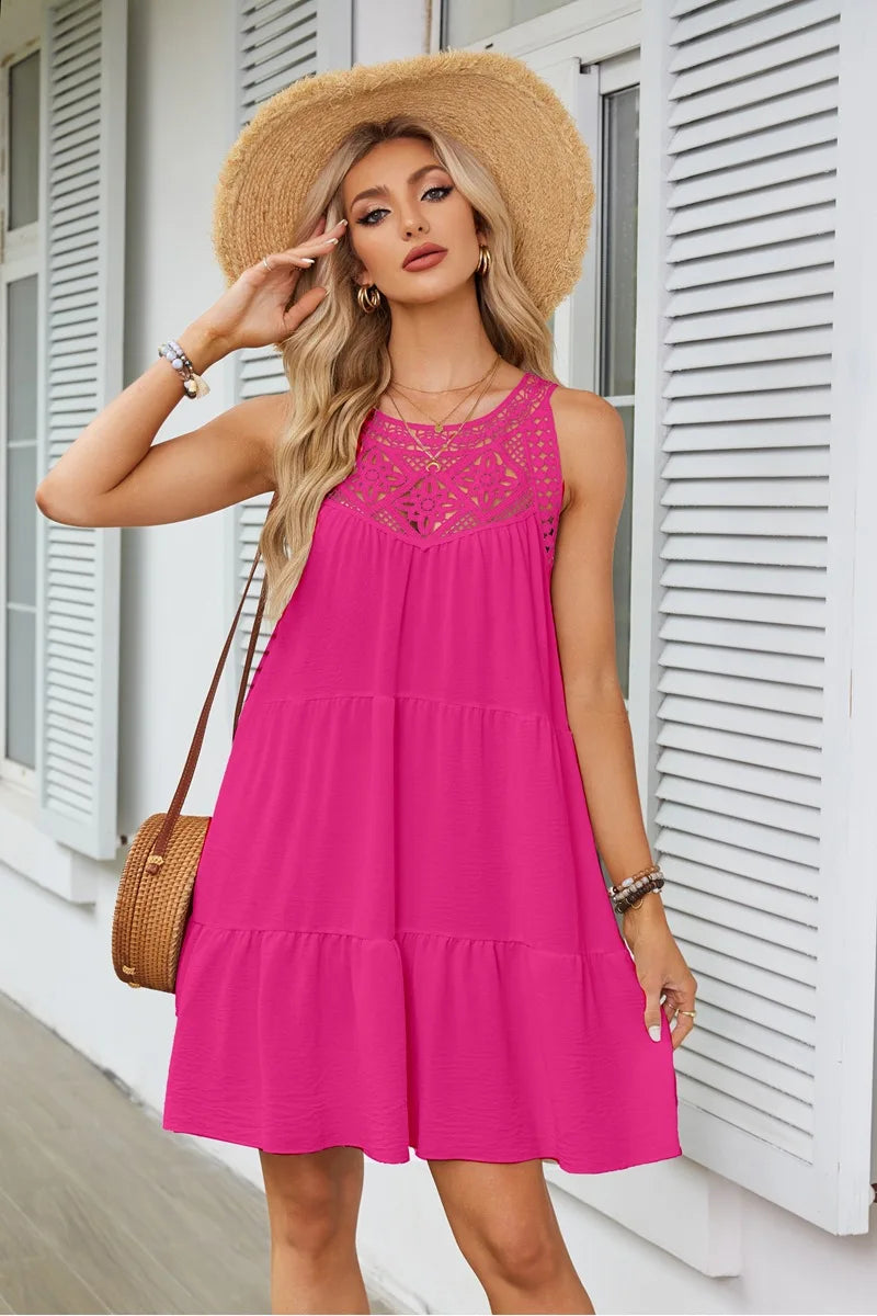 Hollow Lace Patchwork Halter Neck Women A Line Dress Summer Casual Solid Color Loose Beach Holiday Sundress