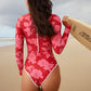 Women Print Floral One Piece Swimsuit Long Sleeve Bathing Suit Swimsuit Vintage Beachwear Surfing Swim Suit