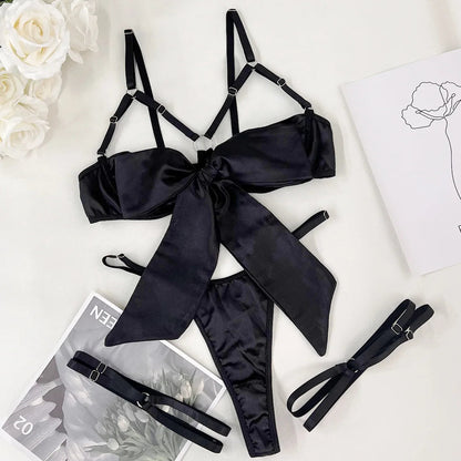 Bowknot Lingerie Open Bra Lace Up Underwear 3-Piece Satin Outfit Set The Clothing Company Sydney