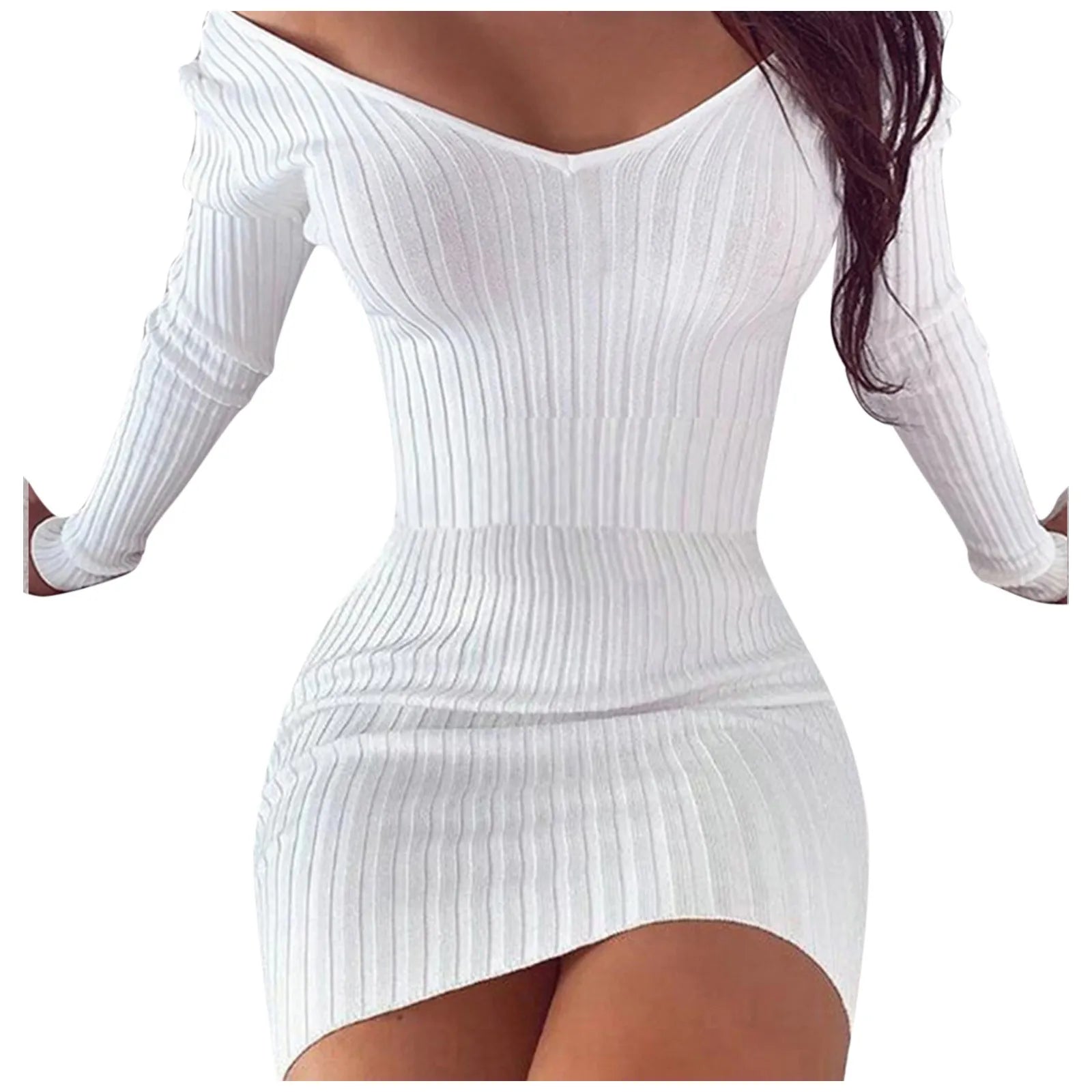 Slim Knitted Solid Color V Neck Long Sleeve Stretchy Short Bodycon Dress Autumn Winter Casual Short Dress The Clothing Company Sydney
