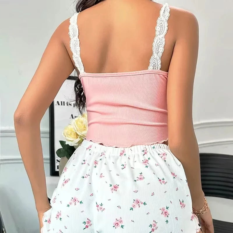2 Piece Womens Pyjama Set Pink Lace Patchwork V-Neck Sleepwear Nighties Suit Cami Top Printed Shorts Soft Loungewear The Clothing Company Sydney