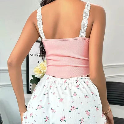 2 Piece Womens Pyjama Set Pink Lace Patchwork V-Neck Sleepwear Nighties Suit Cami Top Printed Shorts Soft Loungewear The Clothing Company Sydney