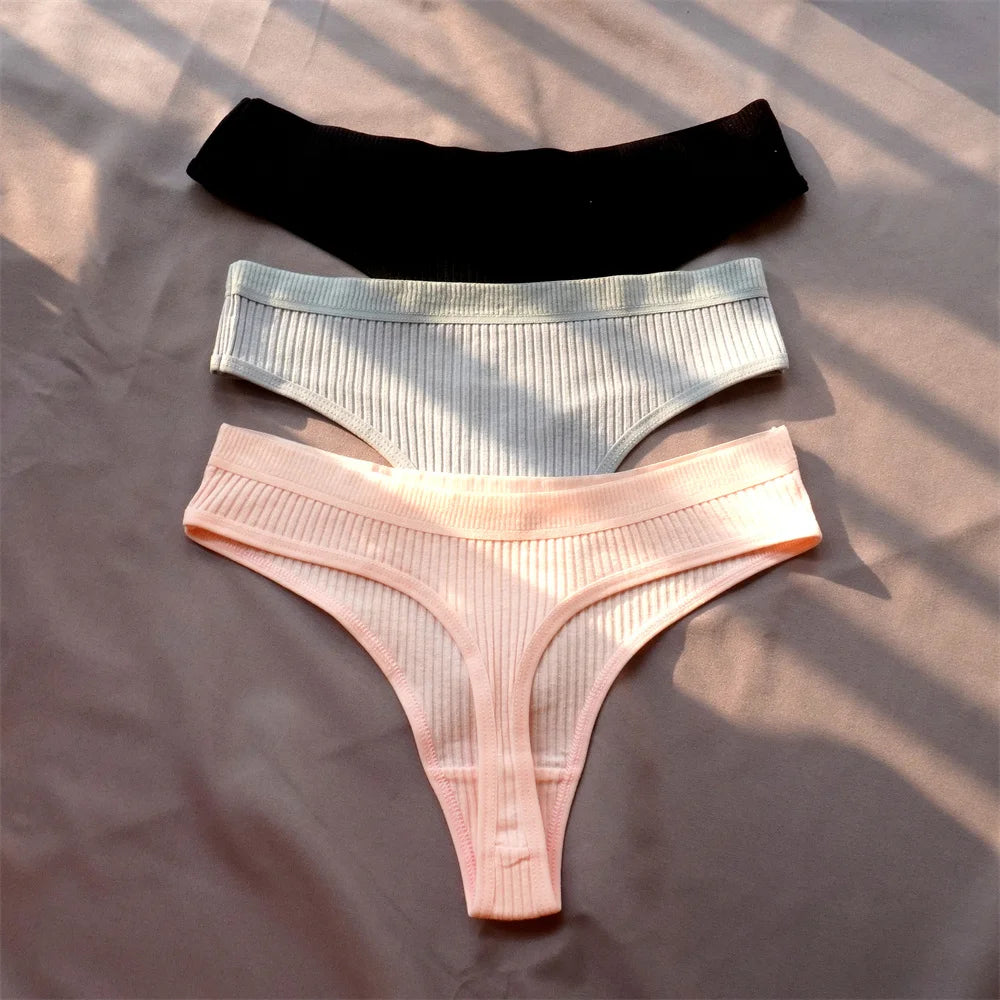 3 Pack Seamless Ribbed Cotton Thong Low Waist Bikini Briefs Sports Underwear Plus Size