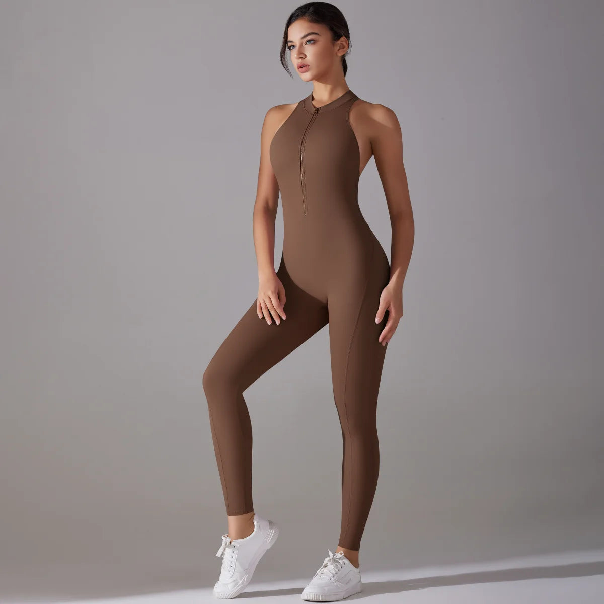 Hollow Backless Scrunch Sporty Jumpsuit Woman Gym Set One Piece Sport Suit Sleeveless Zip Yoga Fitness Overalls