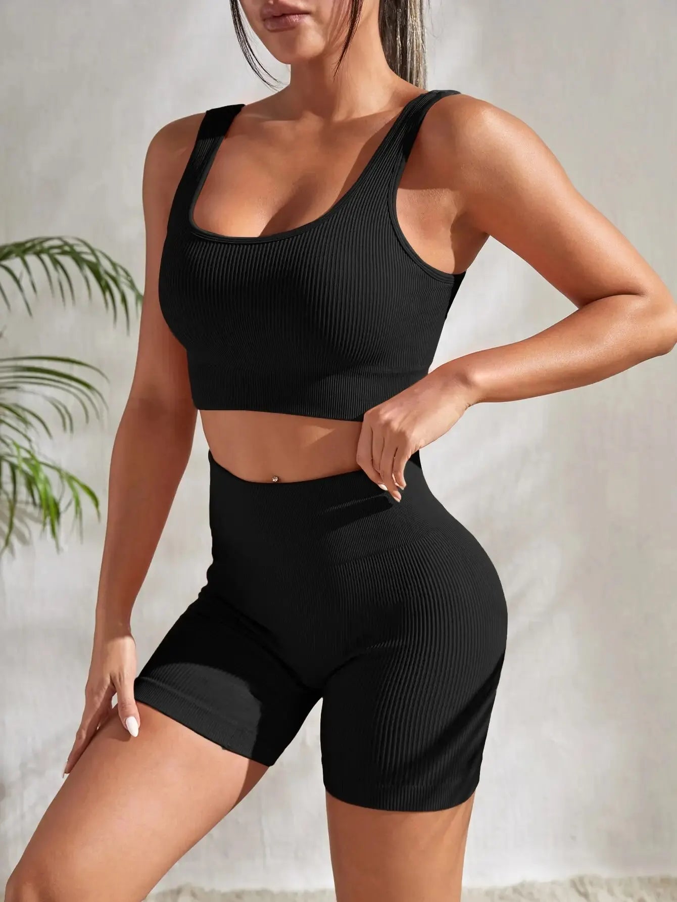 Seamless Ribbed Yoga Sets Workout Sets for Women 2 Piece Gym Suits Ribbed Crop Tank High Waist Shorts Outfits Fitness Running Set