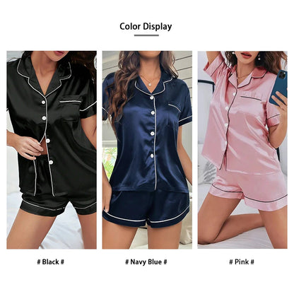 Summer Silk Satin Women Pyjamas Set Button Down Top & Shorts 2 Piece Sleepwear Notched Collar Nightwear Loungewear The Clothing Company Sydney