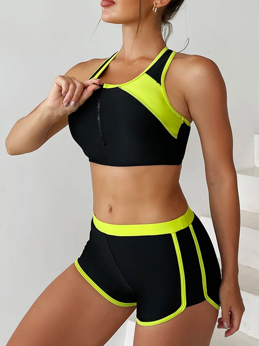 Two Piece Zipper Bikini Set Swimsuit Women With Shorts Sports Swimwear Bathing Swimming Suit Beach Wear The Clothing Company Sydney