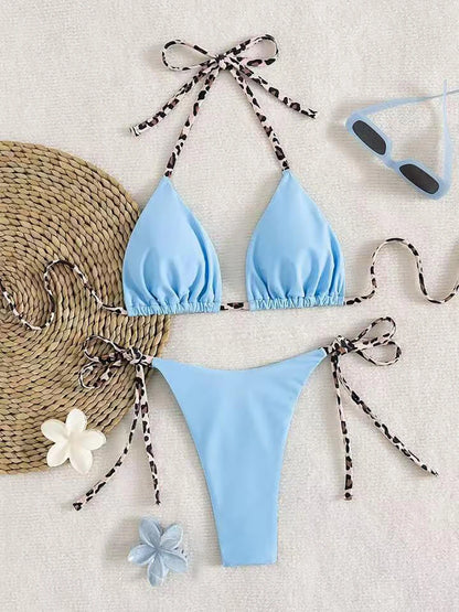 Halter Bikini Set Lace-Up Low Waist Two Piece Triangle Thong Swimwear Leopard Tie On Side Brazilian Micro Bikini Set