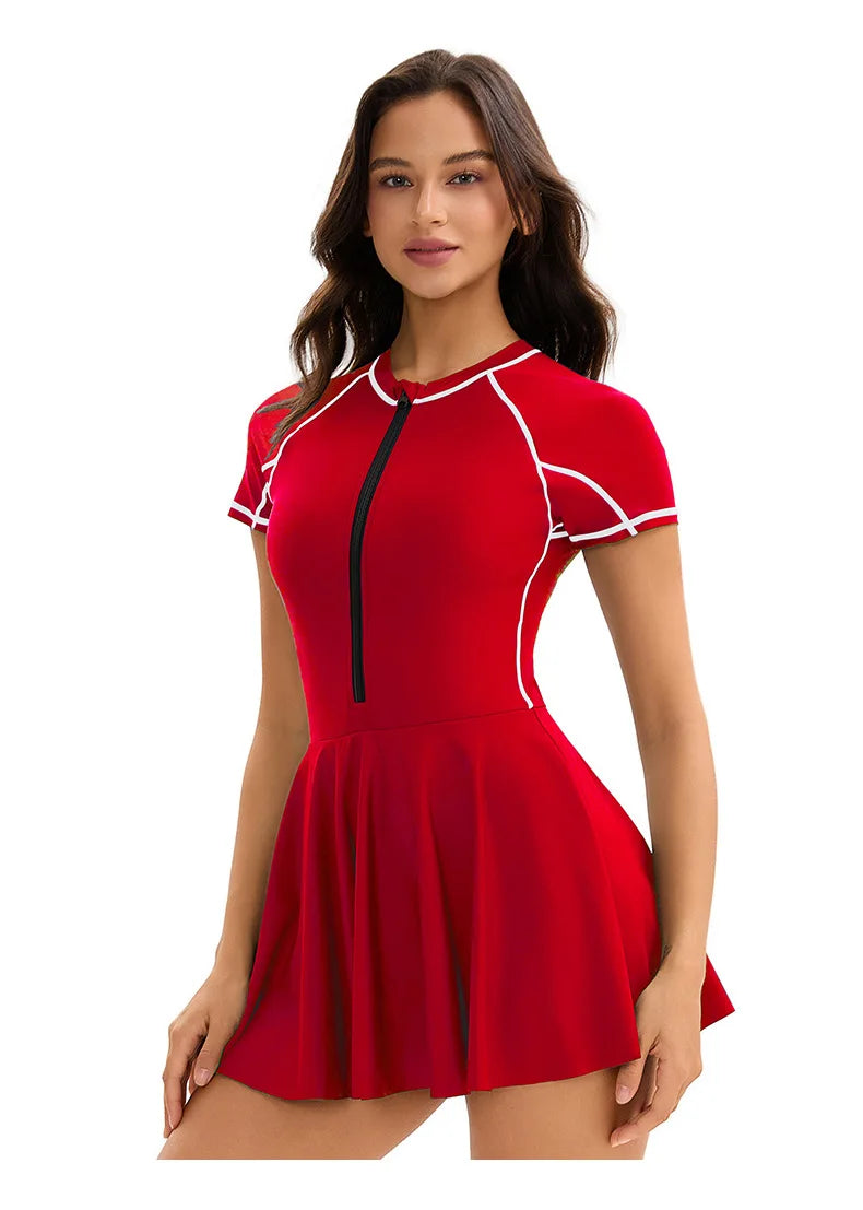 Women's high neck one piece swimdress with skirt, sporty bathing suit by The Clothing Company Sydney