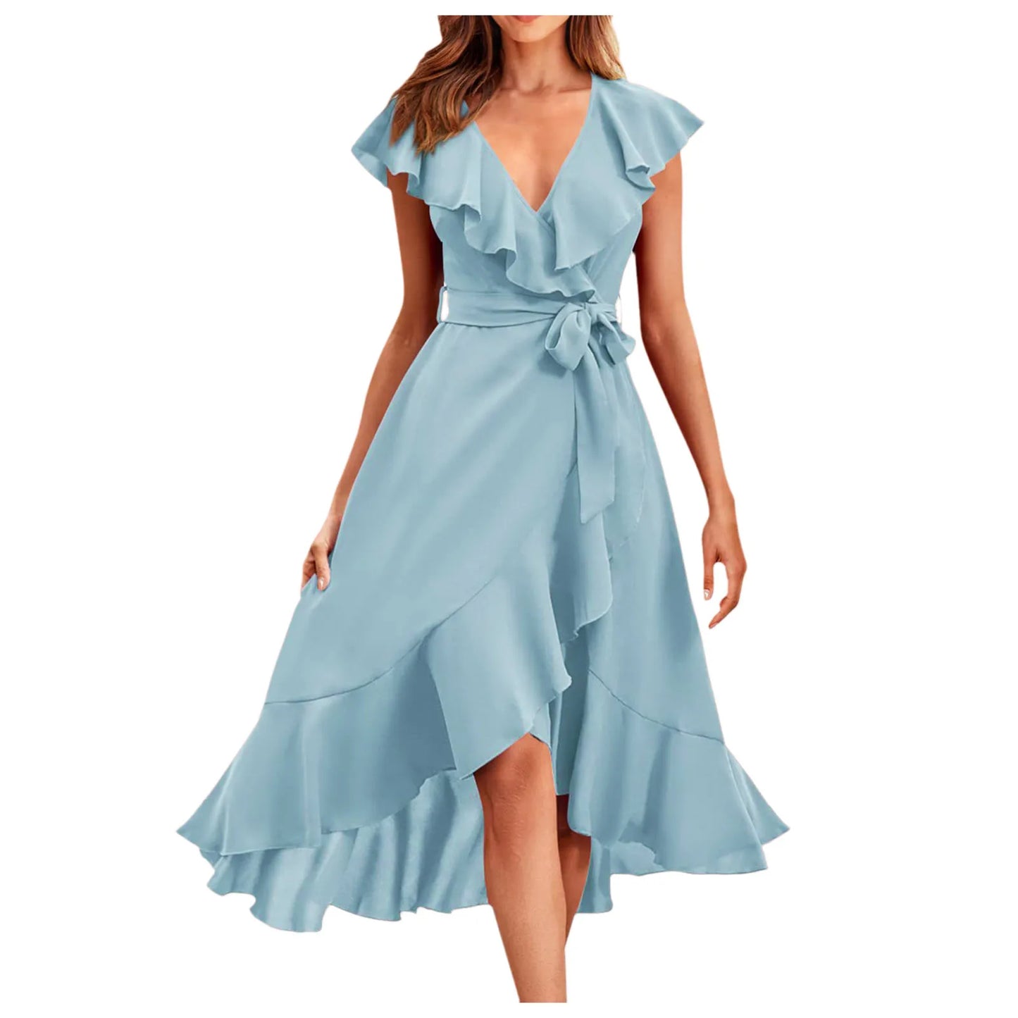 Women's Boho Dress Ruffled Deep V Neck Irregular Long Dress Belted Short Sleeve Wrapped Double Layer Casual Beach Sundress The Clothing Company Sydney