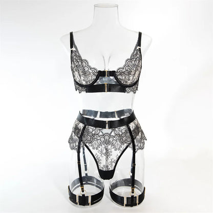 Luxury Black Flower Embroidery Lingerie 4 Piece Mesh Transparent Metal Buckle Bra And Thong Garter Set The Clothing Company Sydney