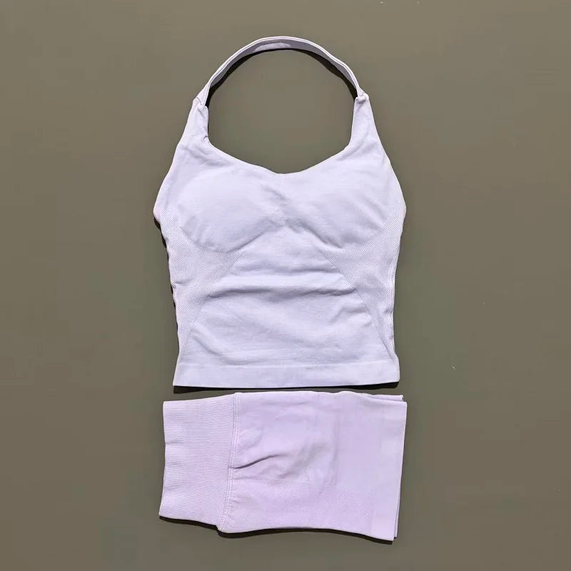 2 Piece Sports Halter Top Strappy Bra Shorts Matching Set Seamless Yoga Gym Running Fitness Shorts Suit