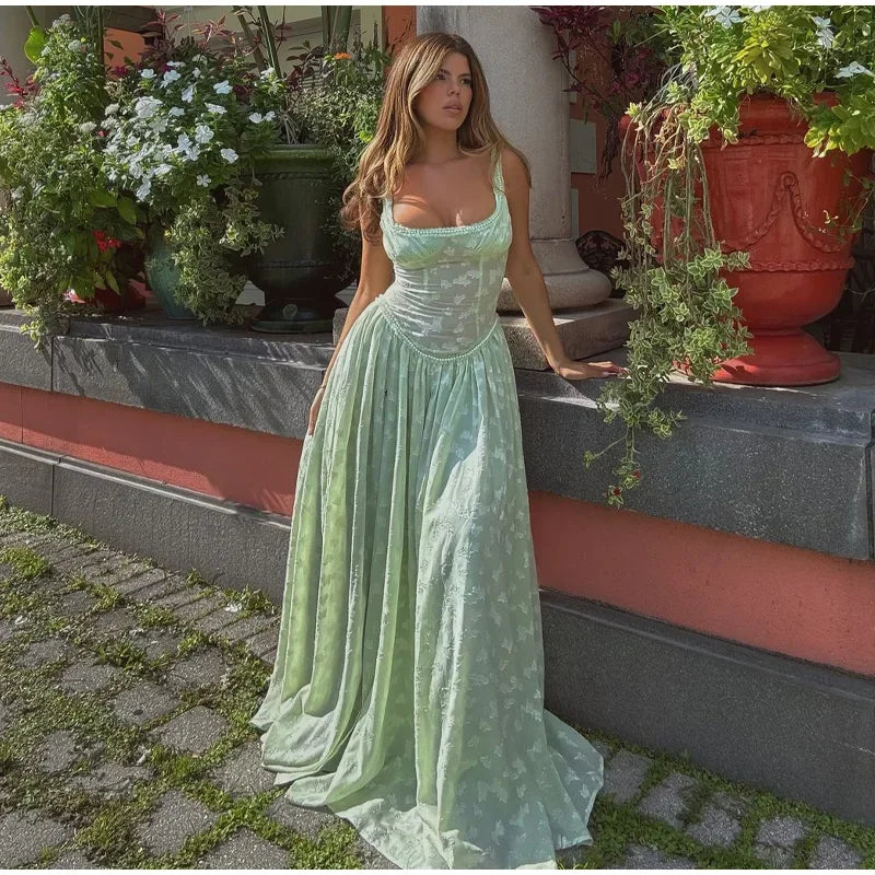 Flower Printed Slim A-line Sling Green Square Neck High Split Long Elegant Chic Evening Dress