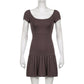 Brown Vintage Y2K Folds Slim Summer Mini Dress for Women Round Neck Dress The Clothing Company Sydney