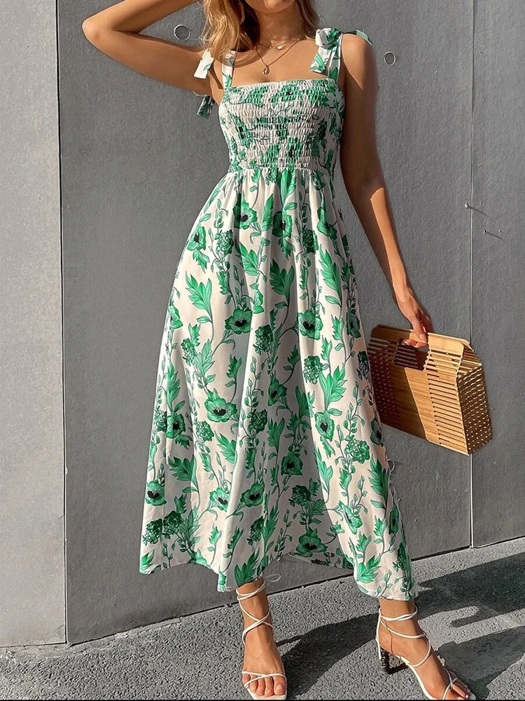 Floral Long Dress Women's Backless Sleeveless Bandage Beach Sundress Casual Green Summer Ladies Dresses