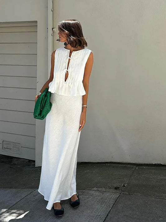Elegant White Set 2 Piece Woman Chic Lace Up O Neck Ruffled Edge Short Matching Set Summer Street Outfit
