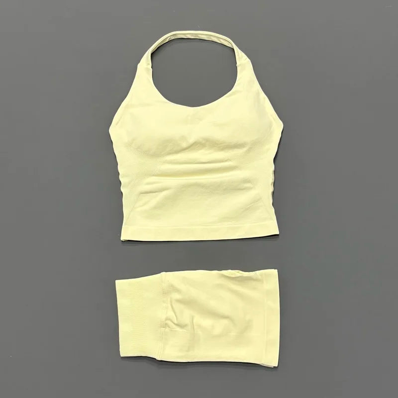2 Piece Sports Halter Top Strappy Bra Shorts Matching Set Seamless Yoga Gym Running Fitness Shorts Suit