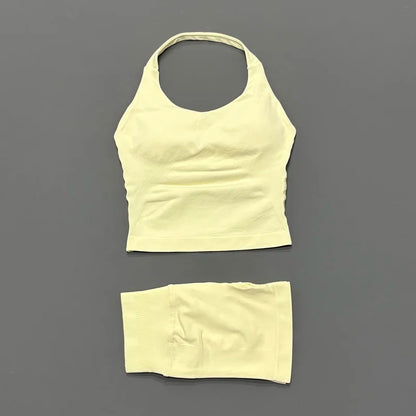 2 Piece Sports Halter Top Strappy Bra Shorts Matching Set Seamless Yoga Gym Running Fitness Shorts Suit