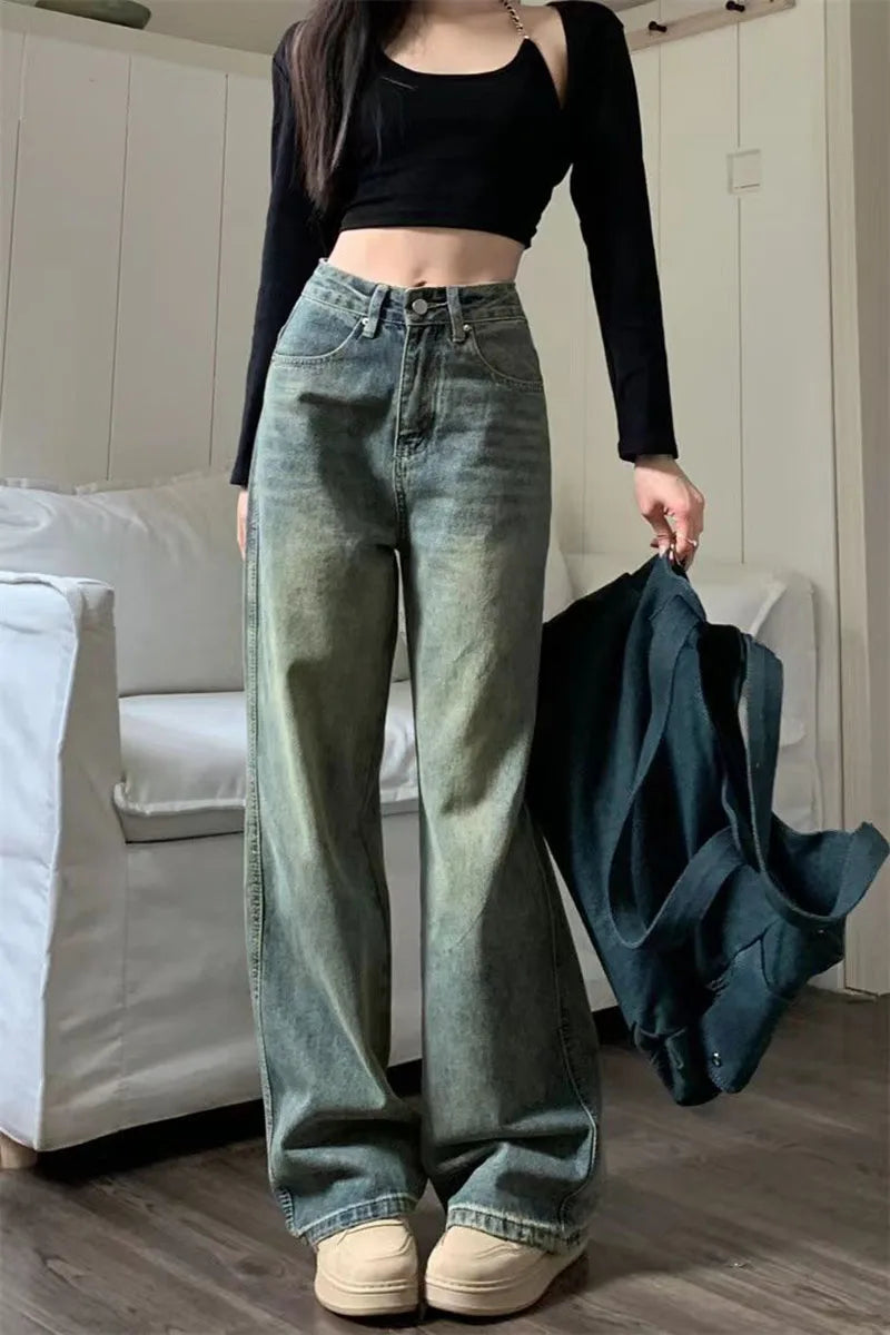 Vintage Baggy Straight Denim Trousers Y2K High Waist Loose Wide Leg Jeans Women Streetwear All-Match Casual Pants