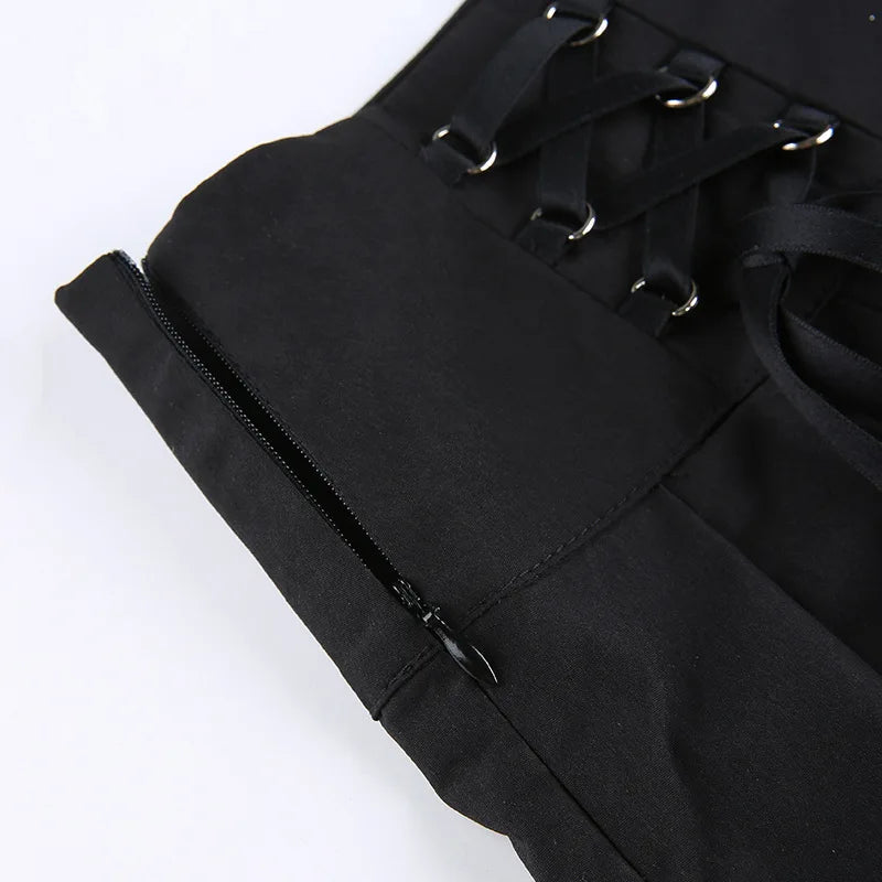 Retro Pleated Skirt Lace Up High Waist Plaid Mesh Stitching Hem Y2K Aesthetic Gothic Black Mini Skirt The Clothing Company Sydney