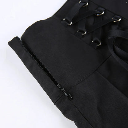 Retro Pleated Skirt Lace Up High Waist Plaid Mesh Stitching Hem Y2K Aesthetic Gothic Black Mini Skirt The Clothing Company Sydney