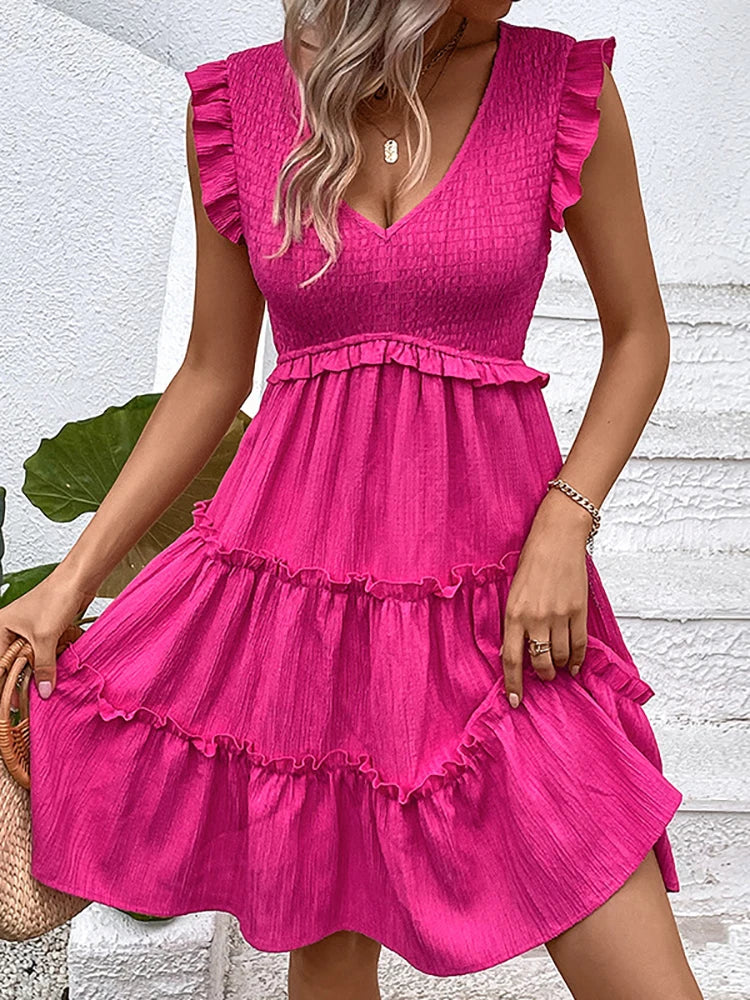 Summer Midi Dresses Casual Red Ruffle Big Hem Holiday Beach Dress Fashion Sleevelee V Neck Dresses The Clothing Company Sydney