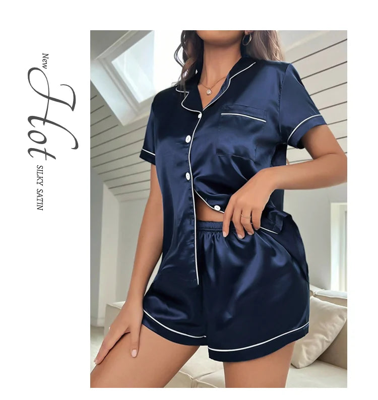 Summer Silk Satin Women Pyjamas Set Button Down Top & Shorts 2 Piece Sleepwear Notched Collar Nightwear Loungewear The Clothing Company Sydney
