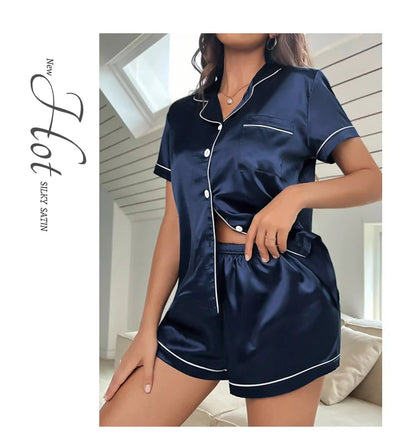 Summer Silk Satin Women Pyjamas Set Button Down Top & Shorts 2 Piece Sleepwear Notched Collar Nightwear Loungewear The Clothing Company Sydney