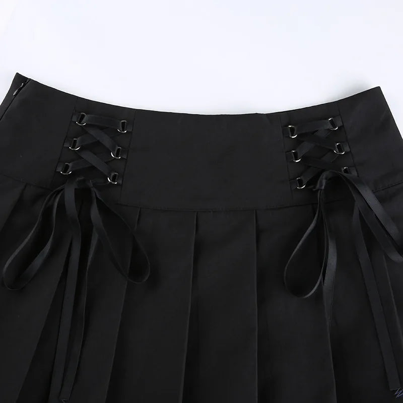 Retro Pleated Skirt Lace Up High Waist Plaid Mesh Stitching Hem Y2K Aesthetic Gothic Black Mini Skirt The Clothing Company Sydney