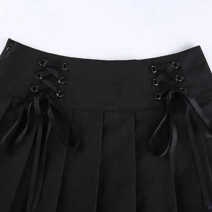 Retro Pleated Skirt Lace Up High Waist Plaid Mesh Stitching Hem Y2K Aesthetic Gothic Black Mini Skirt The Clothing Company Sydney