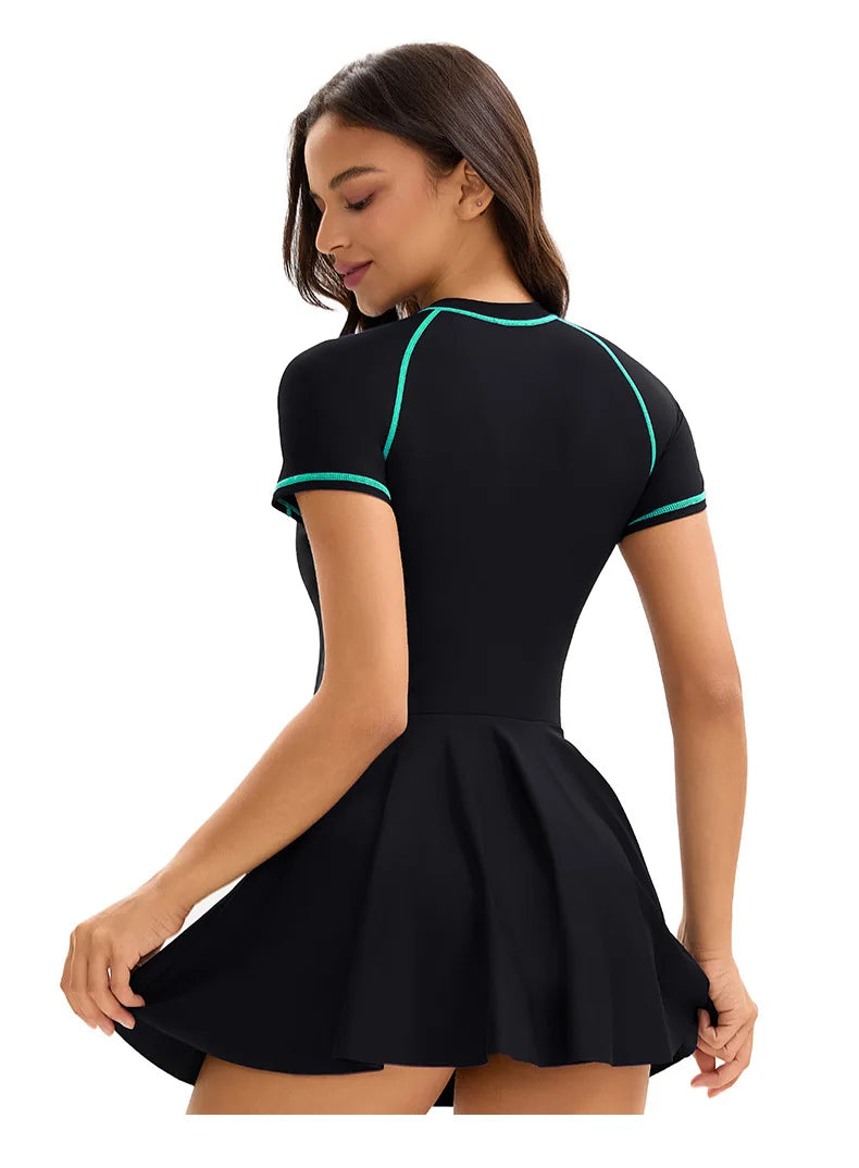 Women's one-piece swimdress with high neck, skirt, and sporty design by The Clothing Company Sydney