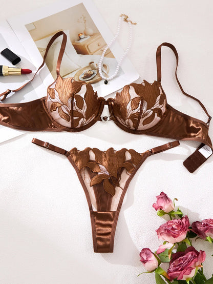 2 Piece Coffee Coloured Embroidered Print Floral Design Lingerie Set The Clothing Company Sydney