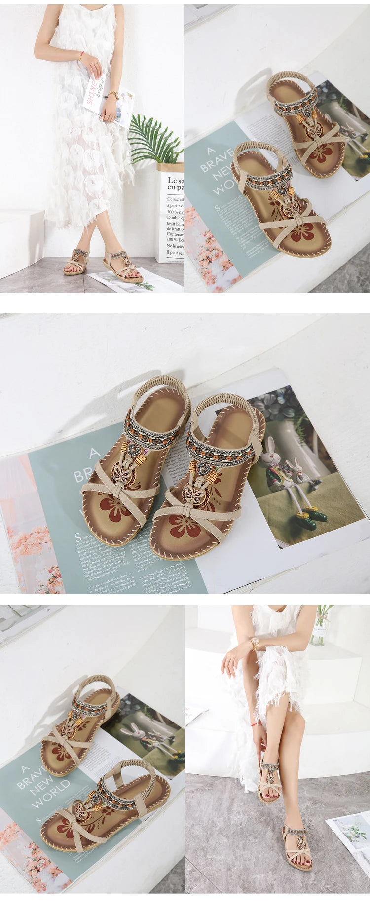 Women Fashion  Flat Flower Rhinestone Open Toe Outdoor Wear Beach Sandals