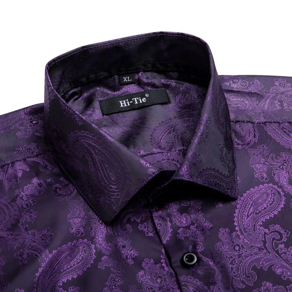 Lilac Mauve Lavender Purple Silk Mens Shirts Luxury Lapel Long Sleeve Dress Shirt