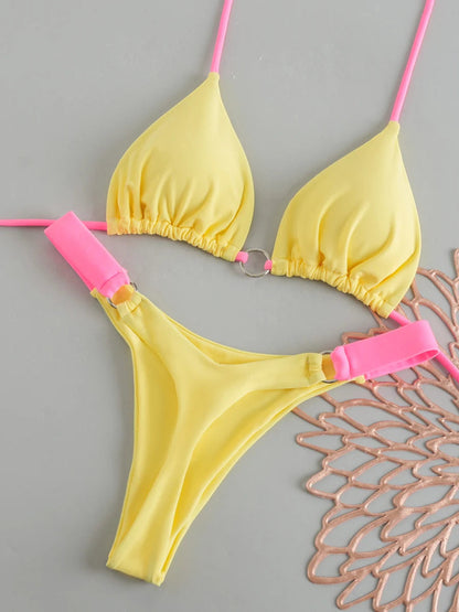 Two-piece lace-up print Brazilian swimsuit with backless design, thong cut, suitable for beachwear, by The Clothing Company Sydney.
