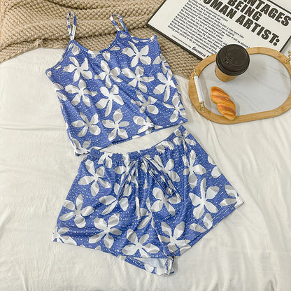 Womens Pajama Ladies Satin Pyjama Print Round Neck Ice Silk Top T-Shirt and Shorts Sets