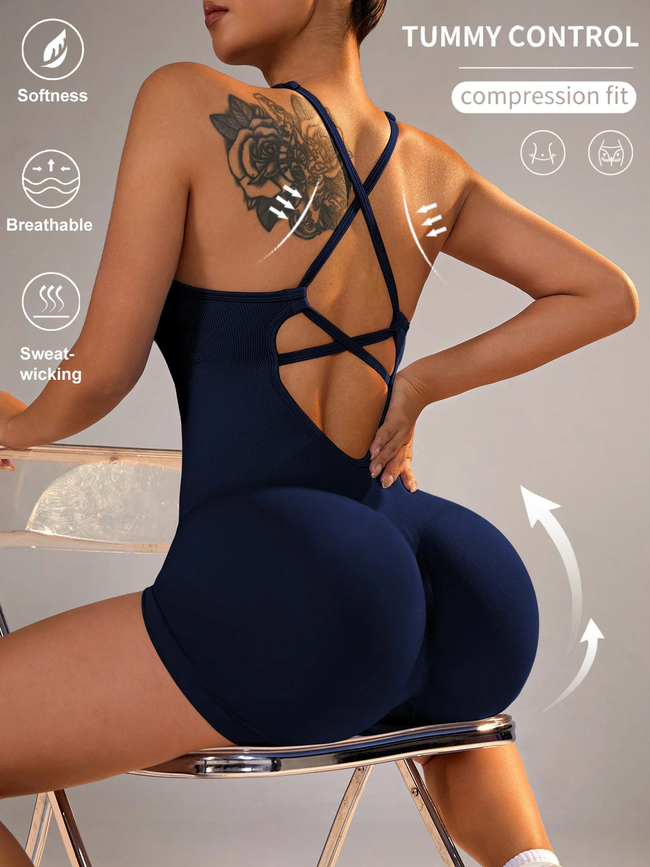 Women's Jumpsuit Short Bodycon High Elasticity Nylon Bodysuit Yoga Sports Workout Gym One Piece Criss Cross Activewear The Clothing Company Sydney