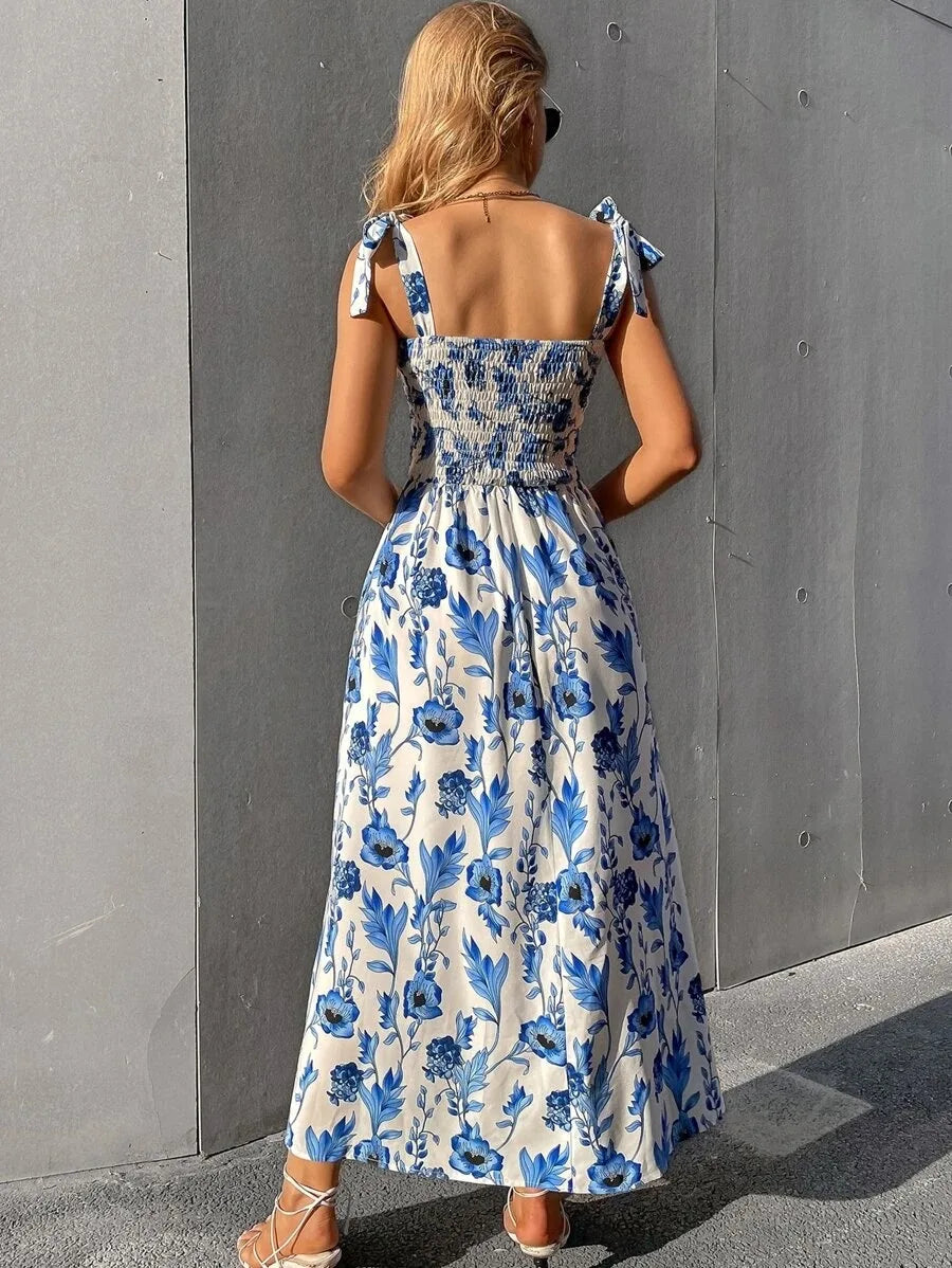 Floral Long Dress Women's Backless Sleeveless Bandage Beach Sundress Casual Green Summer Ladies Dresses