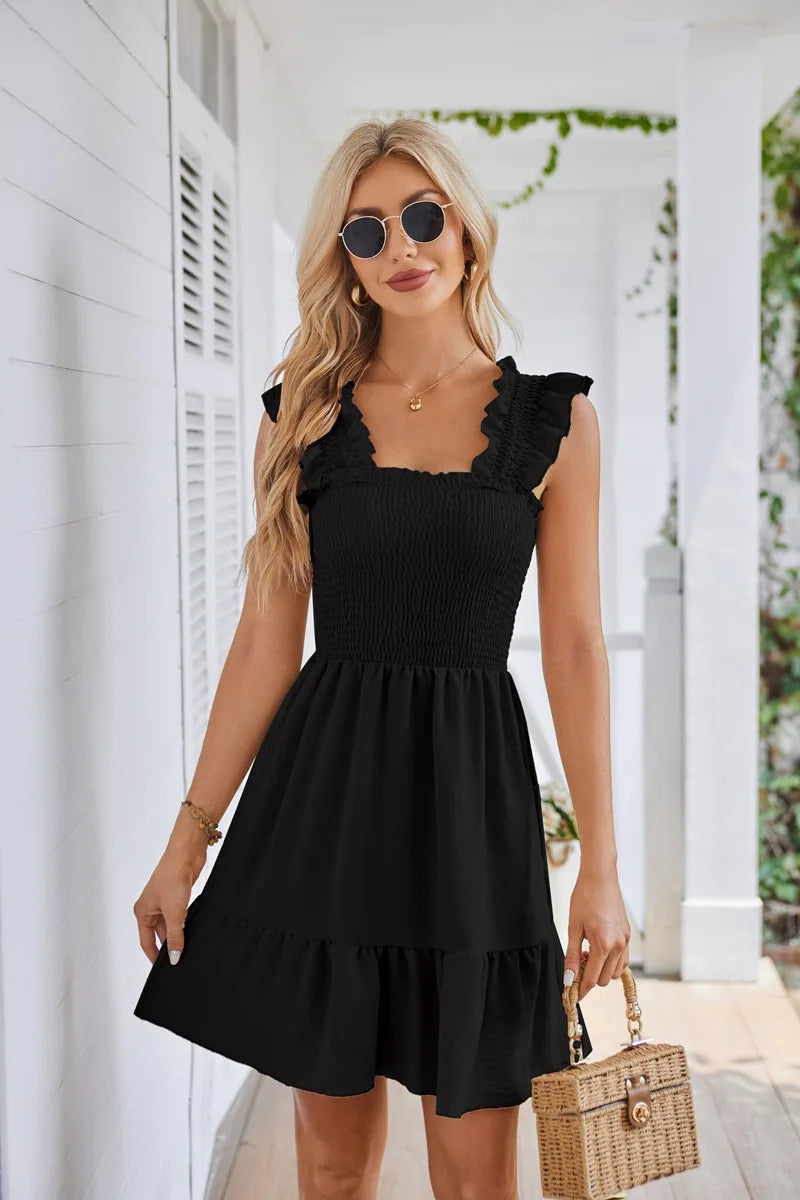 Womens Summer Casual Boho Sleeveless Backless Square Neck Smocked Ruffle Mini Dress A-Line Swing Sundress