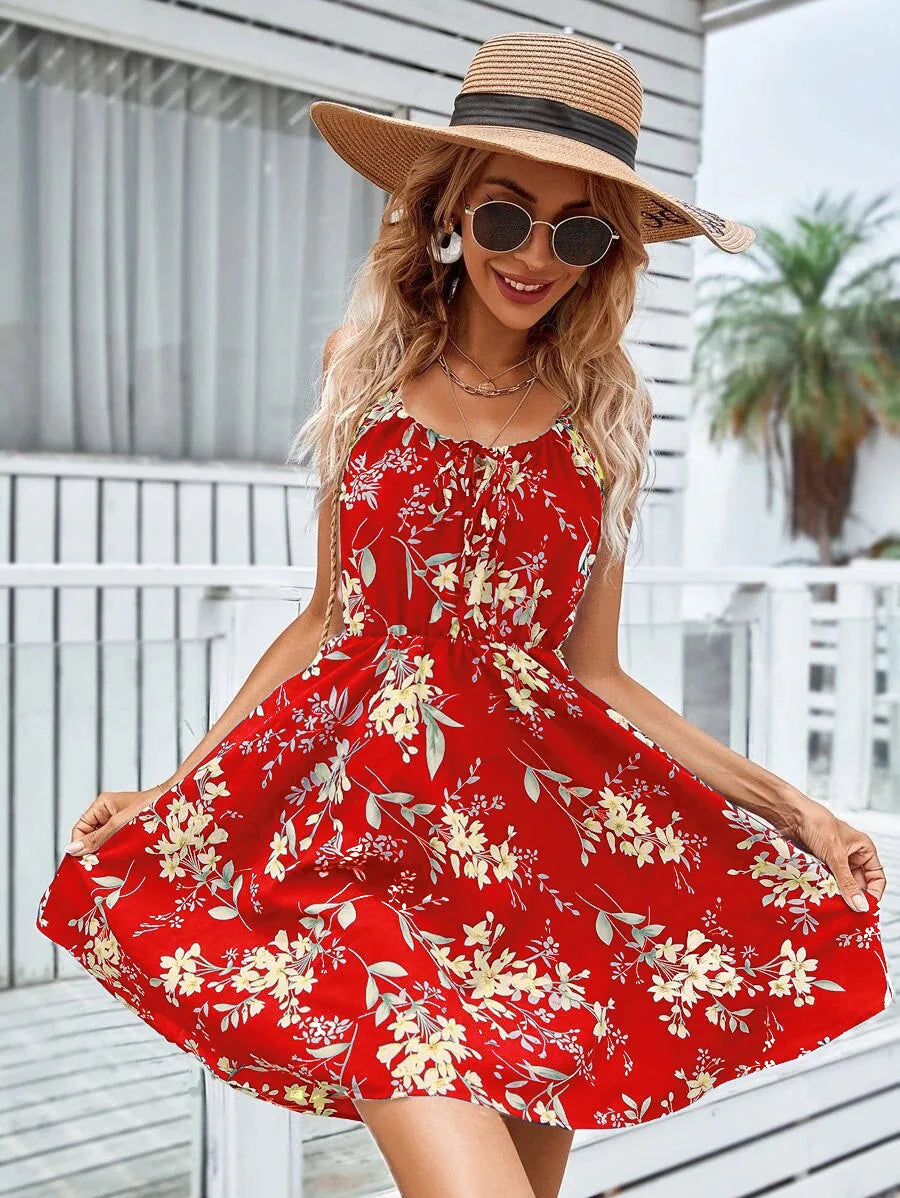 Floral Print Short Dress Women Summer Backless Beach Sundress Casual Sleeveless Lace-up Dresses
