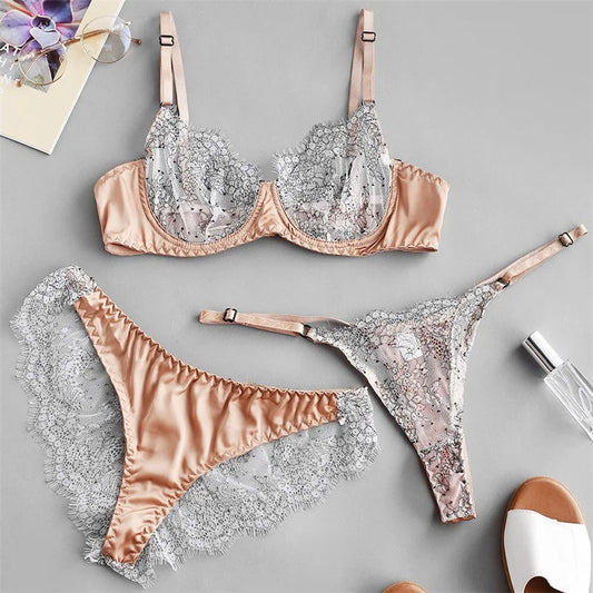 Women's Eyelashes Lace Stitching Underwear Underwire Bra and Panties Three piece Thin Mesh See-Through Lingerie Set The Clothing Company Sydney