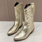 Gold Mid-calf Boots Women's Side Zipper Silver Pointed Western Cowboy Boots Retro Fashion Black Boots Plus Size Boots The Clothing Company Sydney