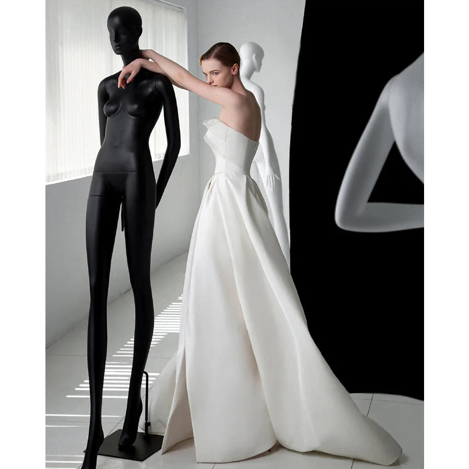 Luxury White Satin Trailing Wedding Dresses Women Elegant Strapless Long Prom Party Bridal Dress