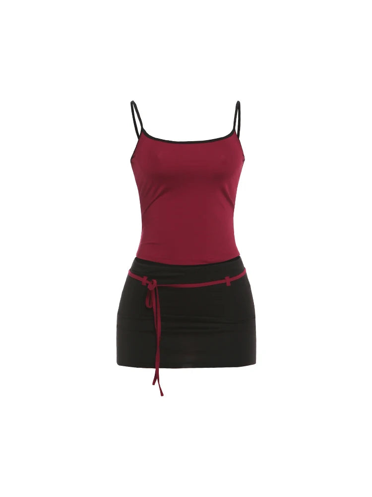 2 Piece Y2K Matching Set Womens Low-Neck Backless Camisole Top+Bandage Tassel Mini Skirt