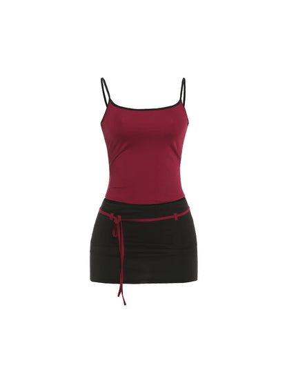 2 Piece Y2K Matching Set Womens Low-Neck Backless Camisole Top+Bandage Tassel Mini Skirt