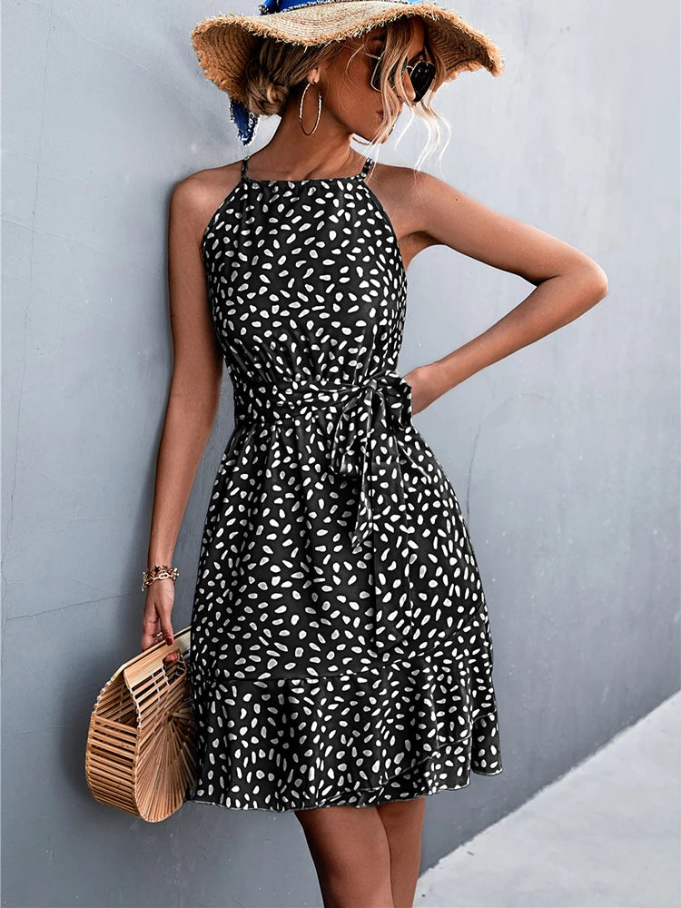 Summer Boho Dress Women Floral Print Mini Female Spaghetti Strap Short Dress Ladies Lace Up Slim Sleeveless Dress The Clothing Company Sydney