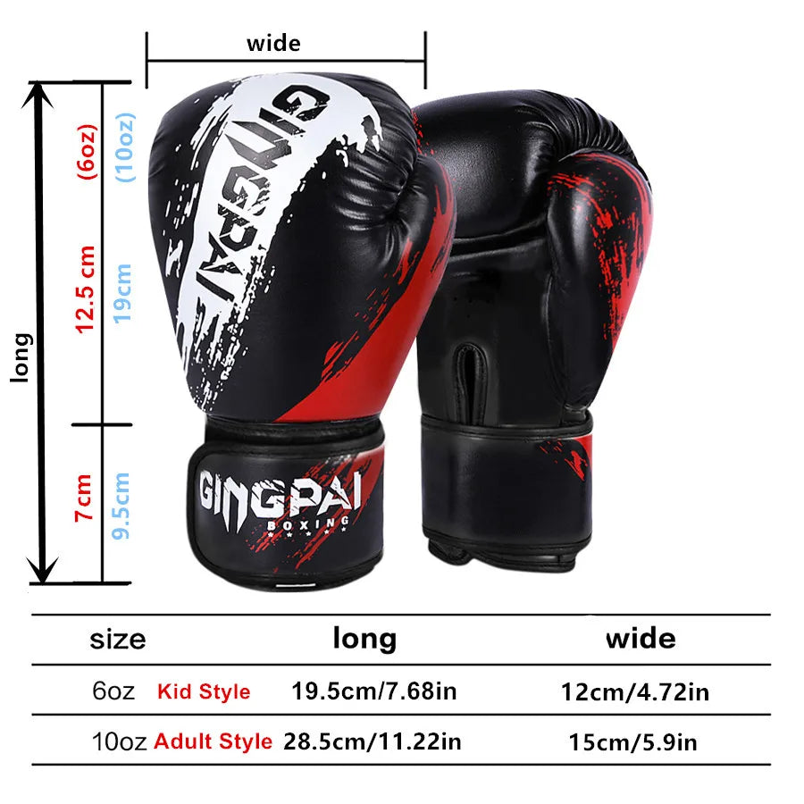 Adult and kid boxing Muay Thai gloves, adjustable training sparring mitts in black, red and blue