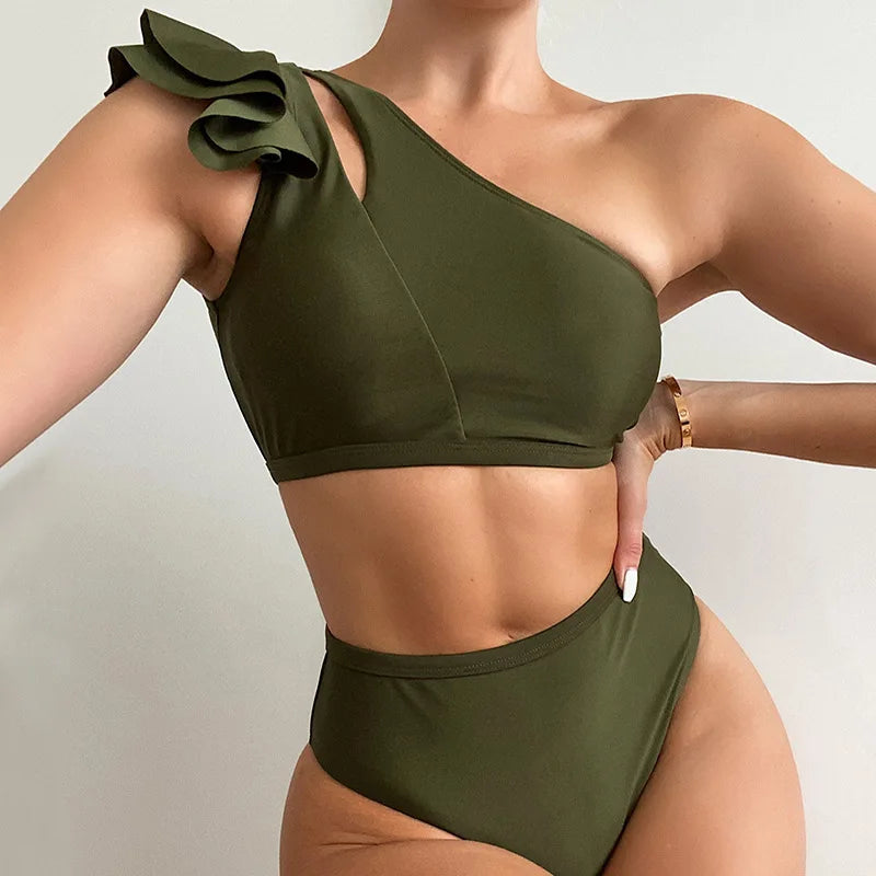 One Shoulder Women Ruffle Swimsuit Solid High Waist Swimwear Padded Bathers Bathing Swimming Suit Beachwear The Clothing Company Sydney