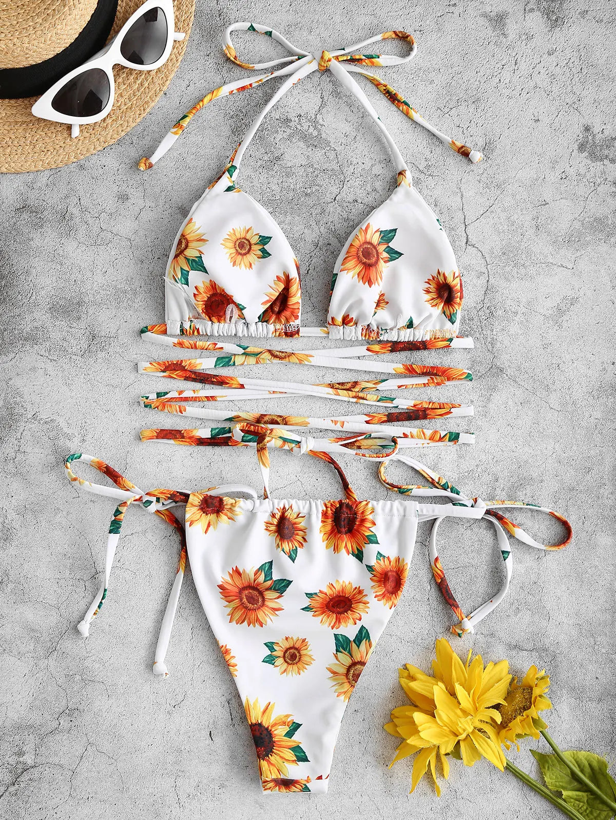 2 Piece Sunflower Print Tie Floss Bikini Swimwear The Clothing Company Sydney